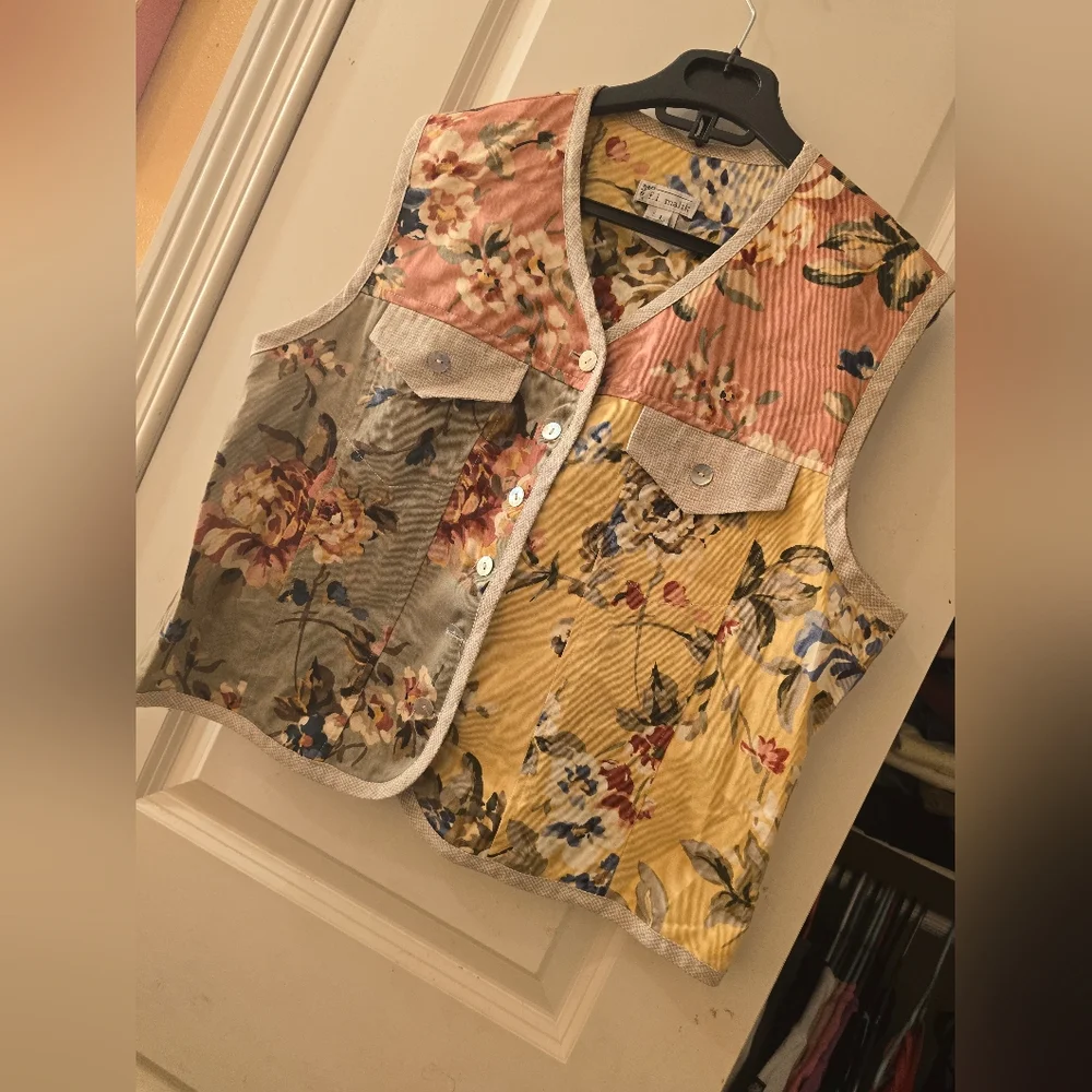 Vintage f.l. Malik floral vest top sz L green, pink & yellow - Picture 3 of 6
